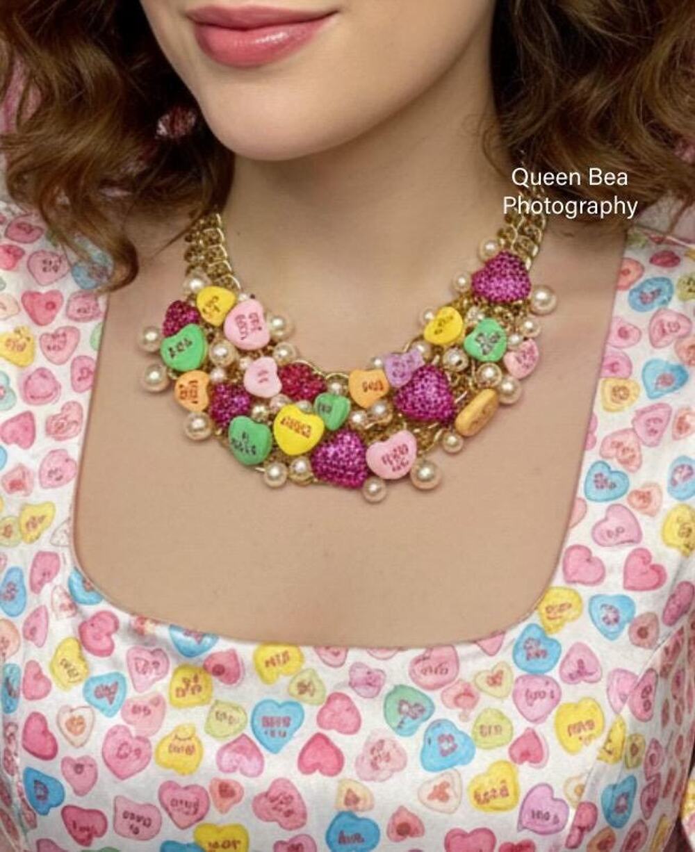 Betsey Johnson Conversation Heart Candy Necklace – Pastel Rhinestone, Pearls
